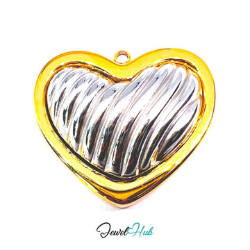 DuoTone Ribbed Silver Heart Pendant Gold Outline Steel Charm - JewelHub.co.uk