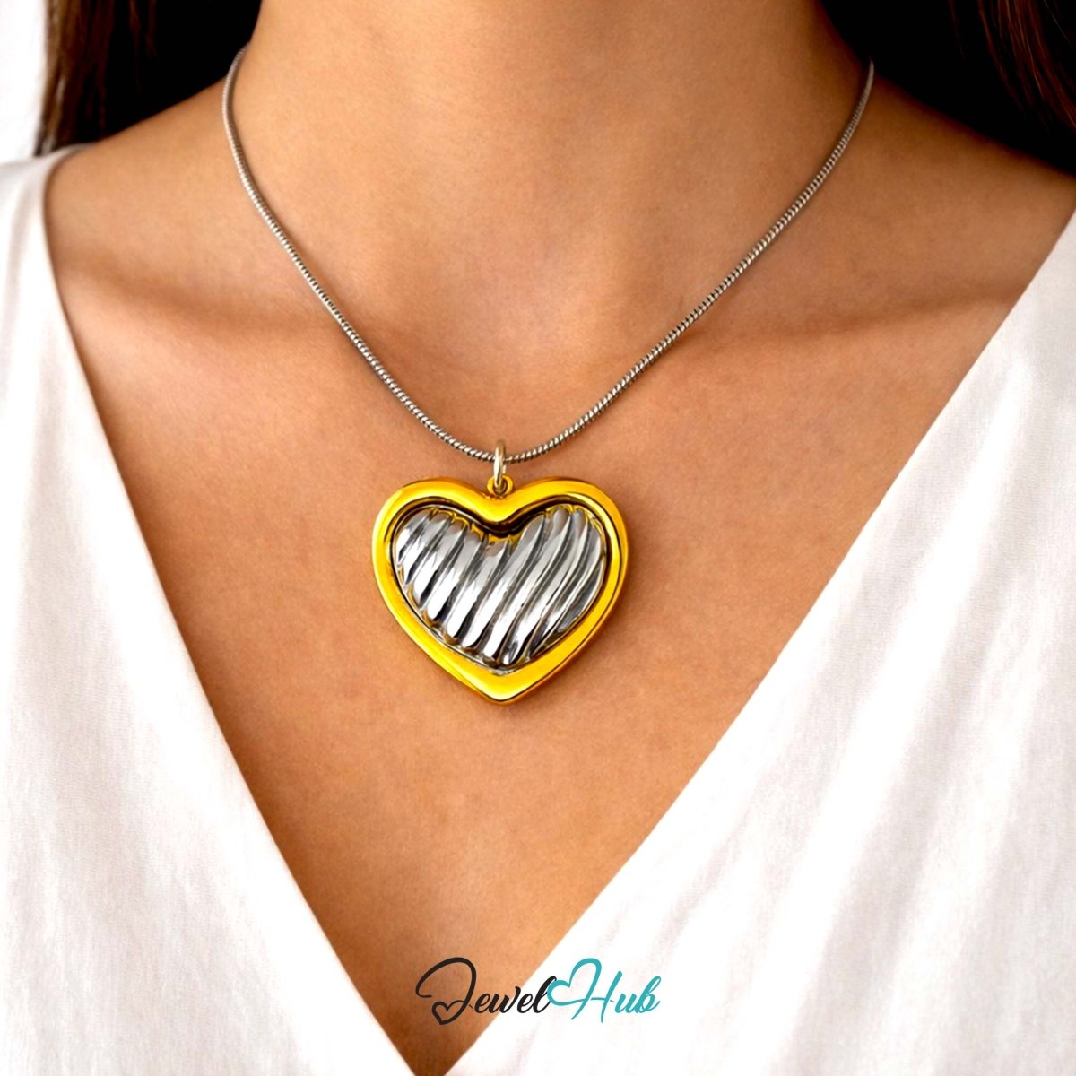 DuoTone Ribbed Silver Heart Pendant Gold Outline Steel Charm - JewelHub.co.uk