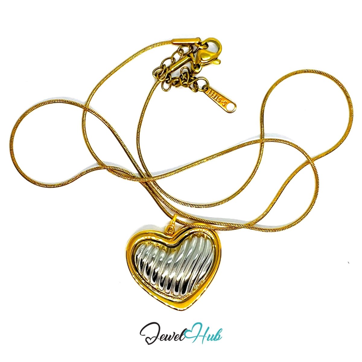 DuoTone Ribbed Silver Heart Pendant Gold Outline Steel Charm - JewelHub.co.uk