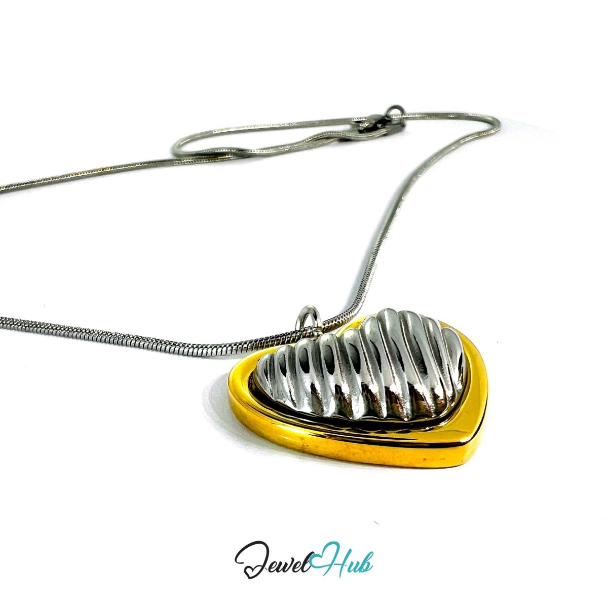 DuoTone Ribbed Silver Heart Pendant Gold Outline Steel Charm - JewelHub.co.uk