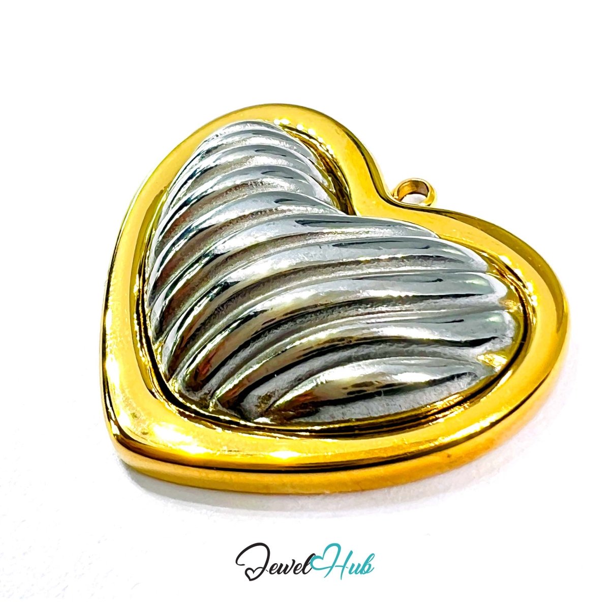 DuoTone Ribbed Silver Heart Pendant Gold Outline Steel Charm - JewelHub.co.uk