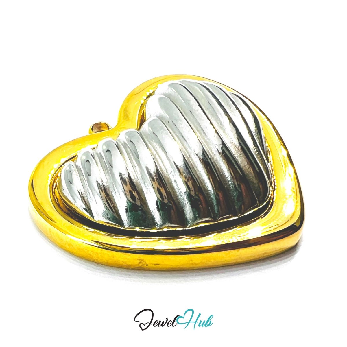 DuoTone Ribbed Silver Heart Pendant Gold Outline Steel Charm - JewelHub.co.uk