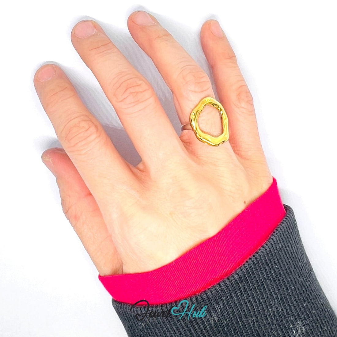DuoTone RippleGlow Ring · Stainless Steel · Adjustable MNOPQ · Gold Wavy Center & Silver Band - JewelHub.co.uk