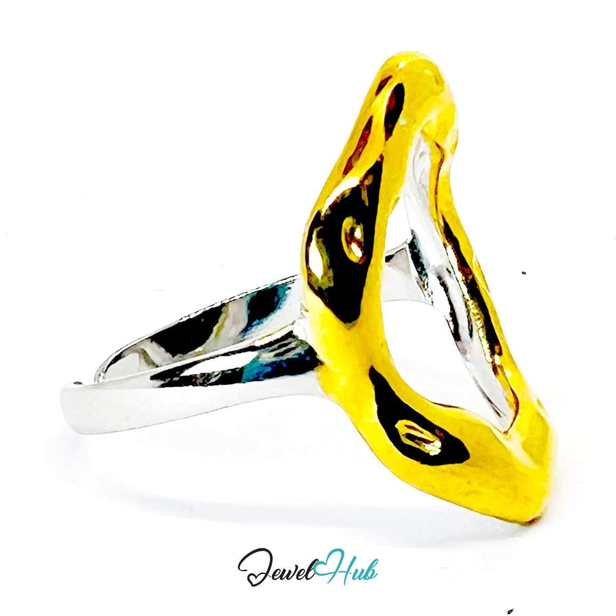 DuoTone RippleGlow Ring · Stainless Steel · Adjustable MNOPQ · Gold Wavy Center & Silver Band - JewelHub.co.uk