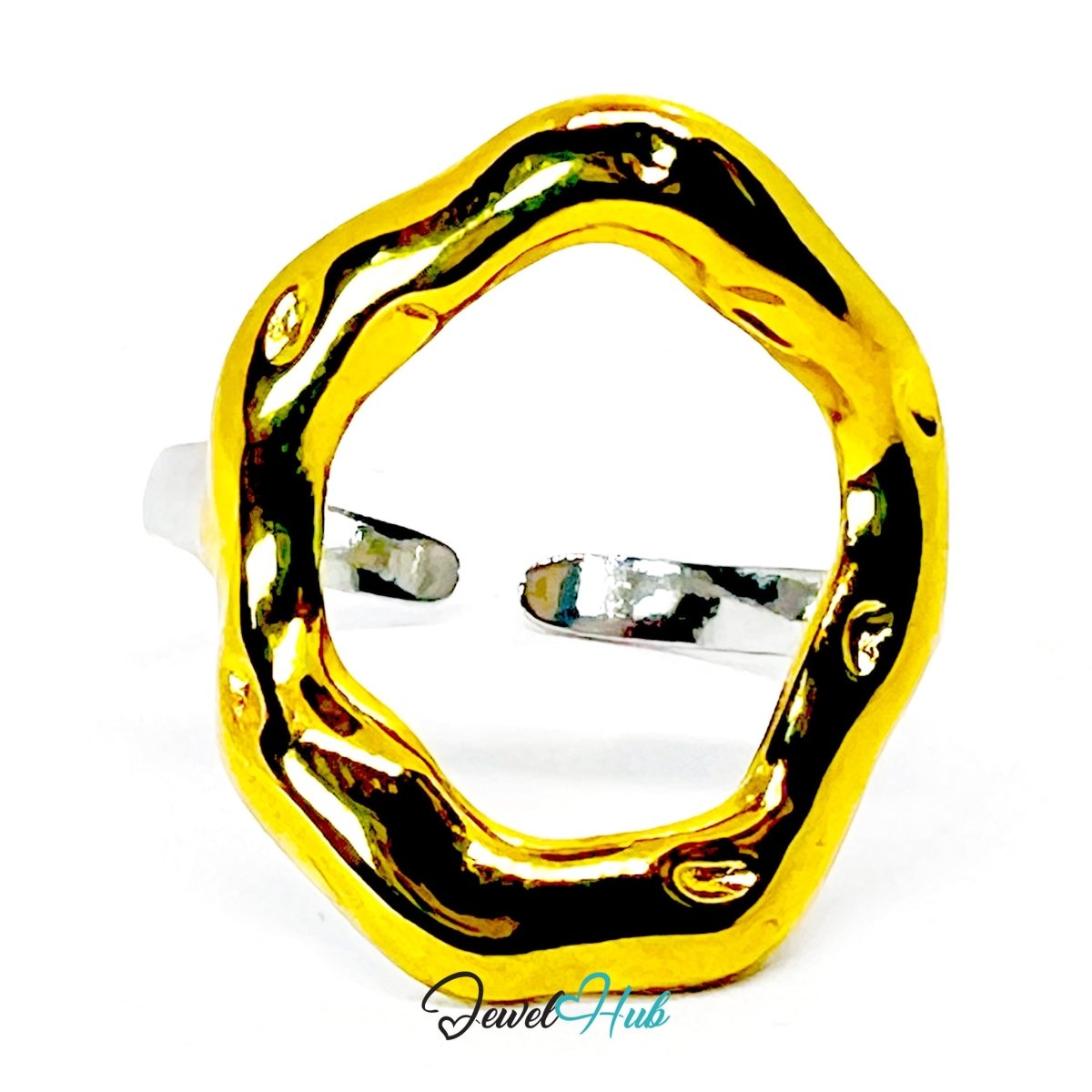 DuoTone RippleGlow Ring · Stainless Steel · Adjustable MNOPQ · Gold Wavy Center & Silver Band - JewelHub.co.uk