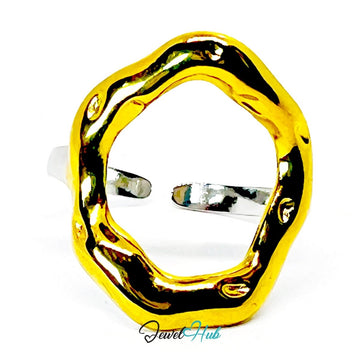 DuoTone RippleGlow Ring · Stainless Steel · Adjustable MNOPQ · Gold Wavy Center & Silver Band - JewelHub.co.uk
