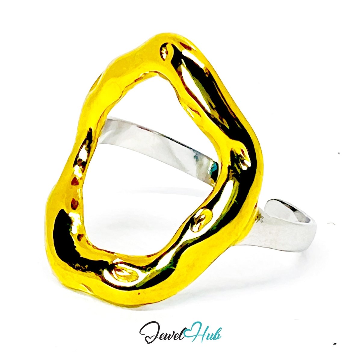 DuoTone RippleGlow Ring · Stainless Steel · Adjustable MNOPQ · Gold Wavy Center & Silver Band - JewelHub.co.uk