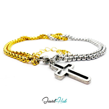 DuoTone Rounded Link Double - Chain Bracelet with Cross Charm - JewelHub.co.uk