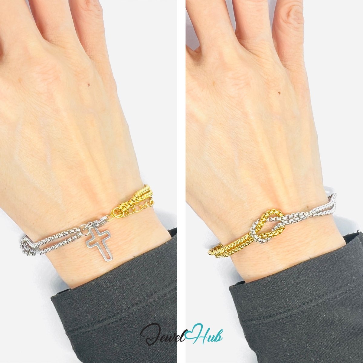 DuoTone Rounded Link Double - Chain Bracelet with Cross Charm - JewelHub.co.uk