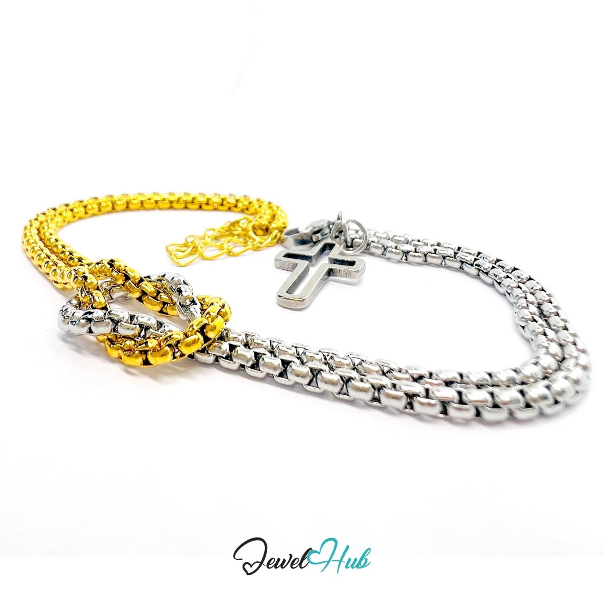 DuoTone Rounded Link Double - Chain Bracelet with Cross Charm - JewelHub.co.uk