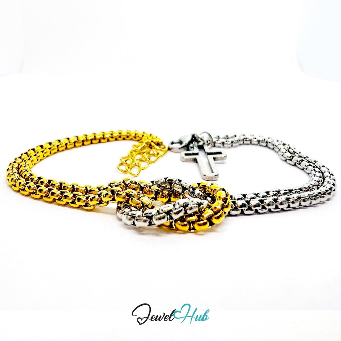 DuoTone Rounded Link Double - Chain Bracelet with Cross Charm - JewelHub.co.uk