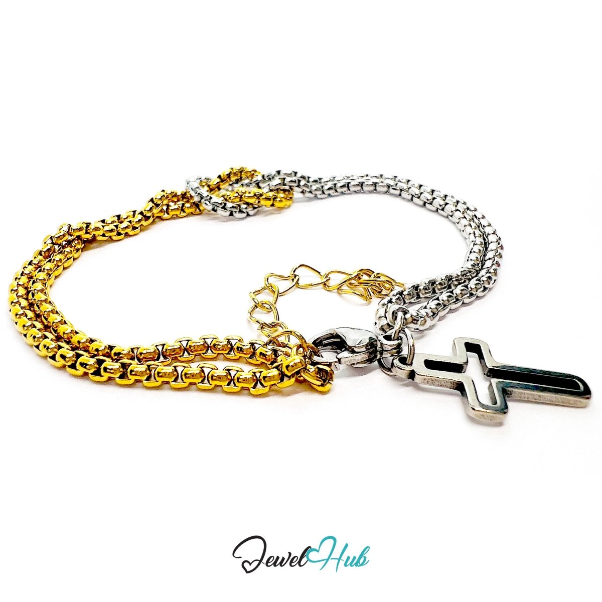 DuoTone Rounded Link Double - Chain Bracelet with Cross Charm - JewelHub.co.uk