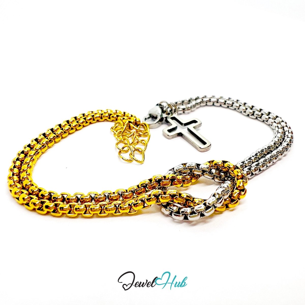 DuoTone Rounded Link Double - Chain Bracelet with Cross Charm - JewelHub.co.uk