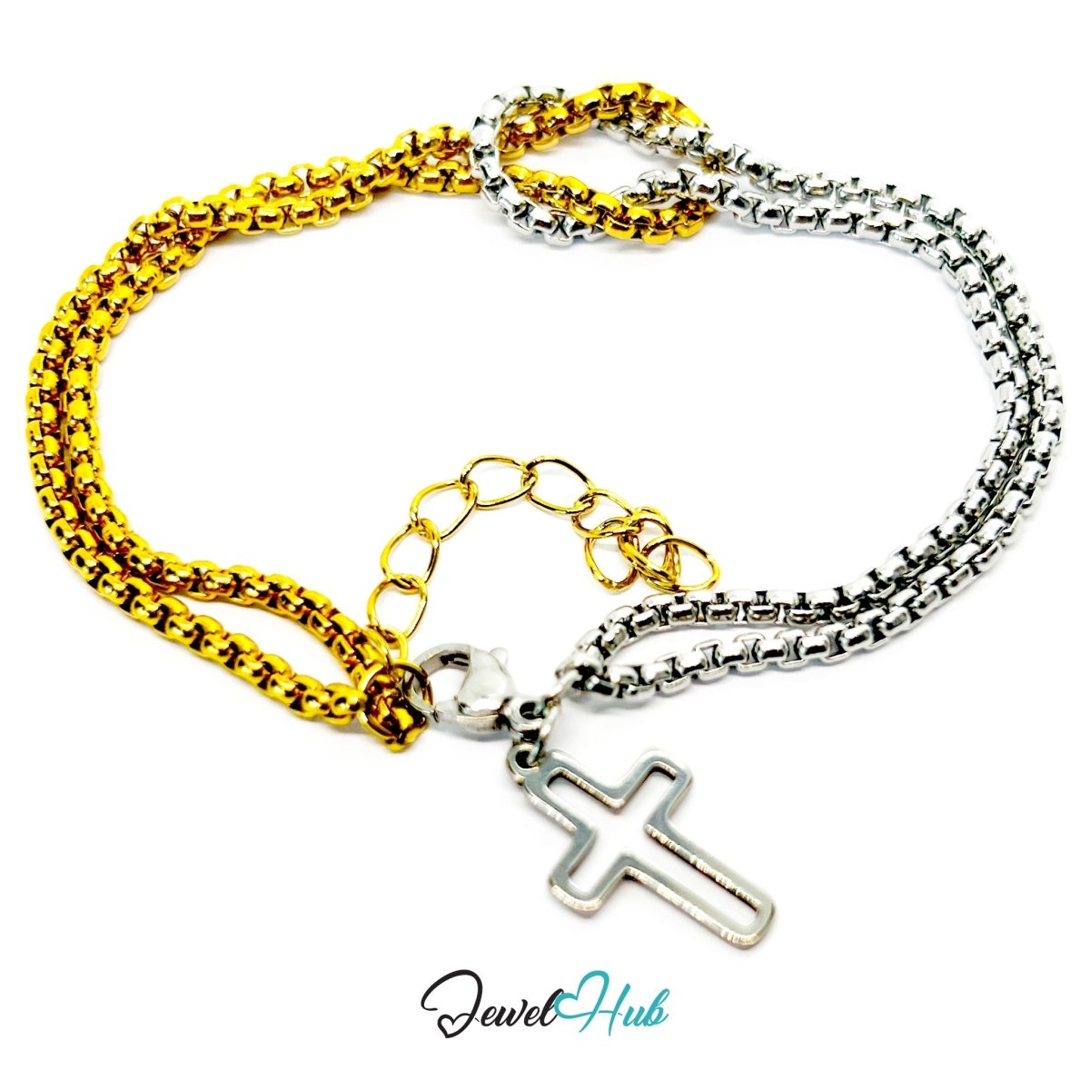 DuoTone Rounded Link Double - Chain Bracelet with Cross Charm - JewelHub.co.uk