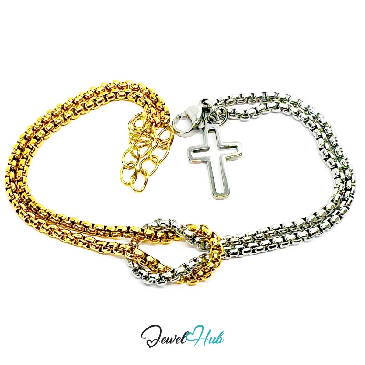DuoTone Rounded Link Double - Chain Bracelet with Cross Charm - JewelHub.co.uk