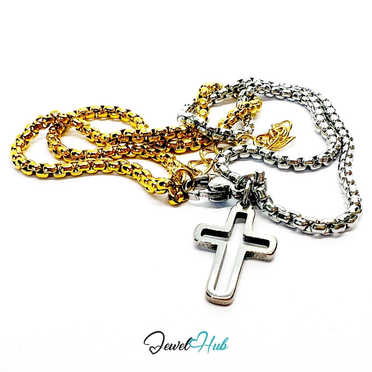 DuoTone Rounded Link Double - Chain Bracelet with Cross Charm - JewelHub.co.uk