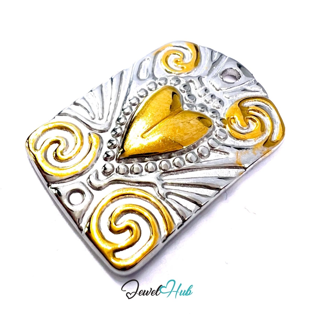 DuoTone Scroll Plaque Pendant Gold Centre Silver Engraved Charm - JewelHub.co.uk