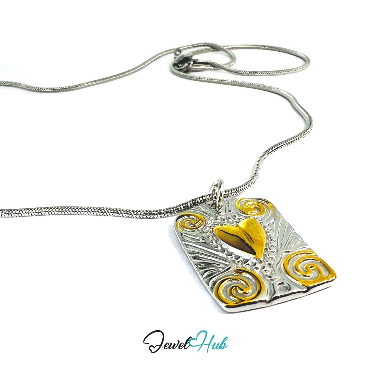 DuoTone Scroll Plaque Pendant Gold Centre Silver Engraved Charm - JewelHub.co.uk