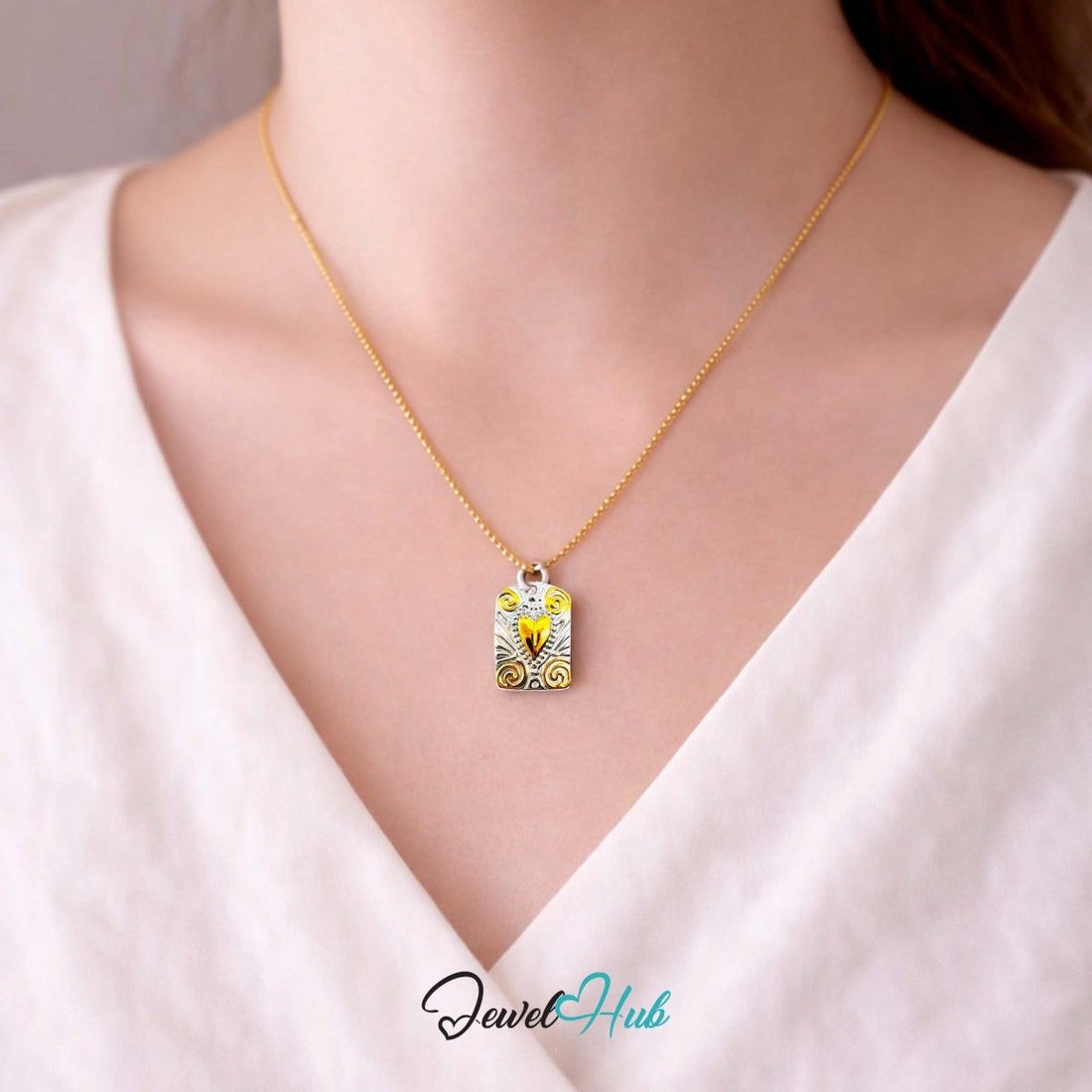 DuoTone Scroll Plaque Pendant Gold Centre Silver Engraved Charm - JewelHub.co.uk
