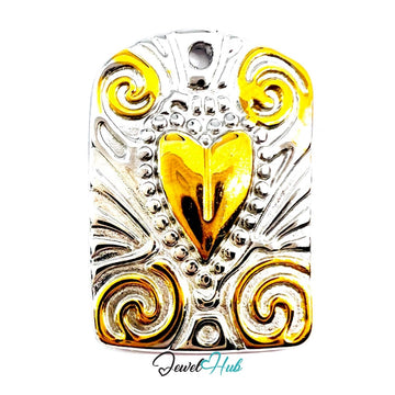 DuoTone Scroll Plaque Pendant Gold Centre Silver Engraved Charm - JewelHub.co.uk