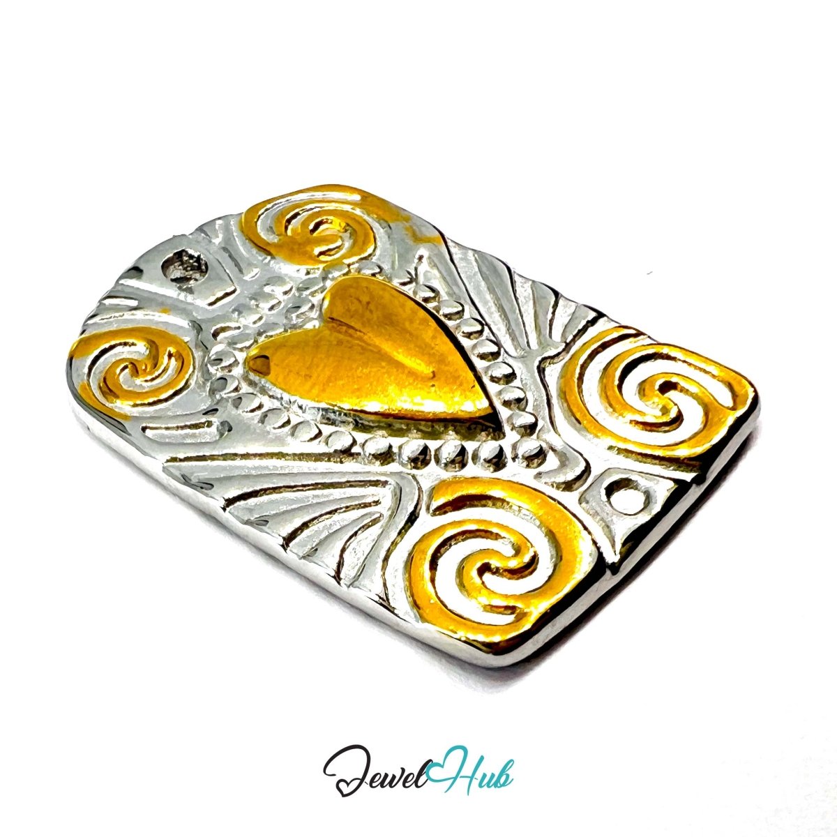 DuoTone Scroll Plaque Pendant Gold Centre Silver Engraved Charm - JewelHub.co.uk