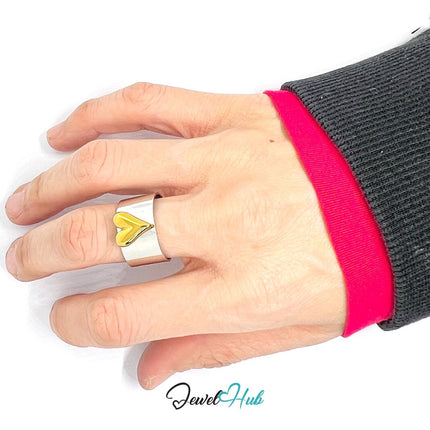 DuoTone Silver Heart Bold Cuff · Stainless Steel · Adjustable MNOPQ · Glossy Heart - JewelHub.co.uk