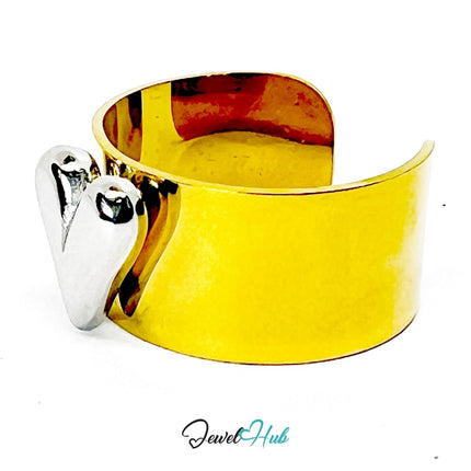 DuoTone Silver Heart Bold Cuff · Stainless Steel · Adjustable MNOPQ · Glossy Heart - JewelHub.co.uk