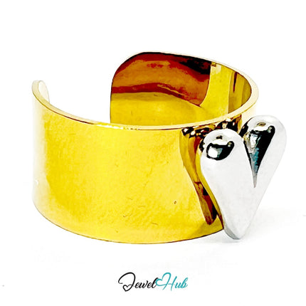 DuoTone Silver Heart Bold Cuff · Stainless Steel · Adjustable MNOPQ · Glossy Heart - JewelHub.co.uk