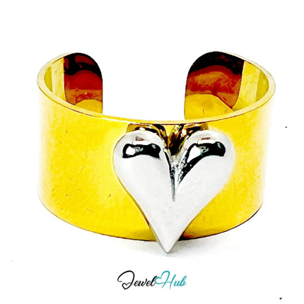 DuoTone Silver Heart Bold Cuff · Stainless Steel · Adjustable MNOPQ · Glossy Heart - JewelHub.co.uk