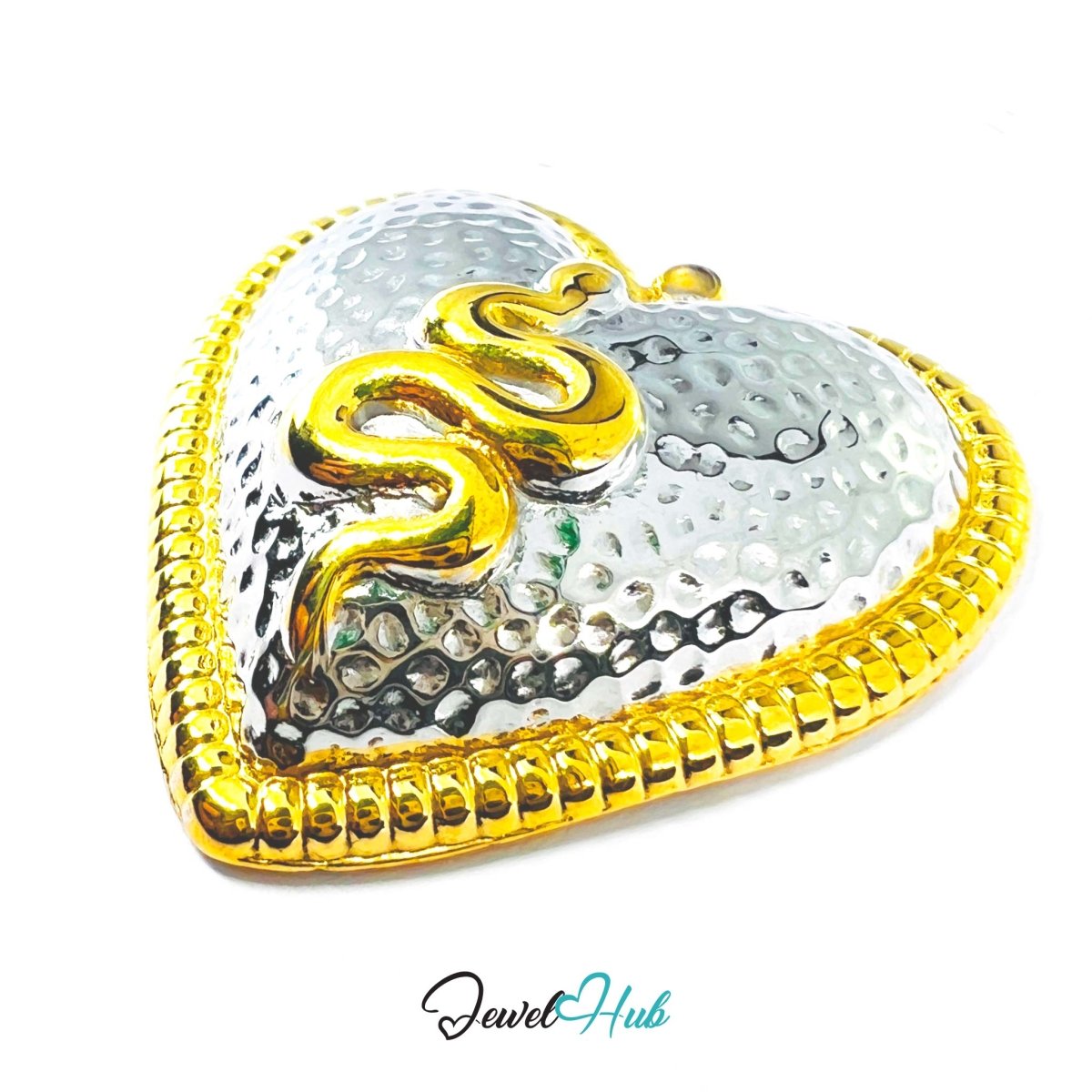 DuoTone Snake Heart Pendant Gold Motif Hammered Silver Charm - JewelHub.co.uk