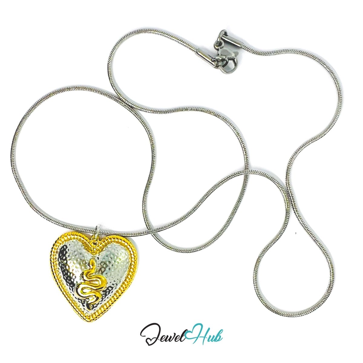 DuoTone Snake Heart Pendant Gold Motif Hammered Silver Charm - JewelHub.co.uk