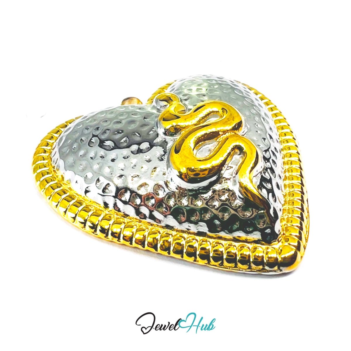 DuoTone Snake Heart Pendant Gold Motif Hammered Silver Charm - JewelHub.co.uk
