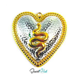 DuoTone Snake Heart Pendant Gold Motif Hammered Silver Charm - JewelHub.co.uk