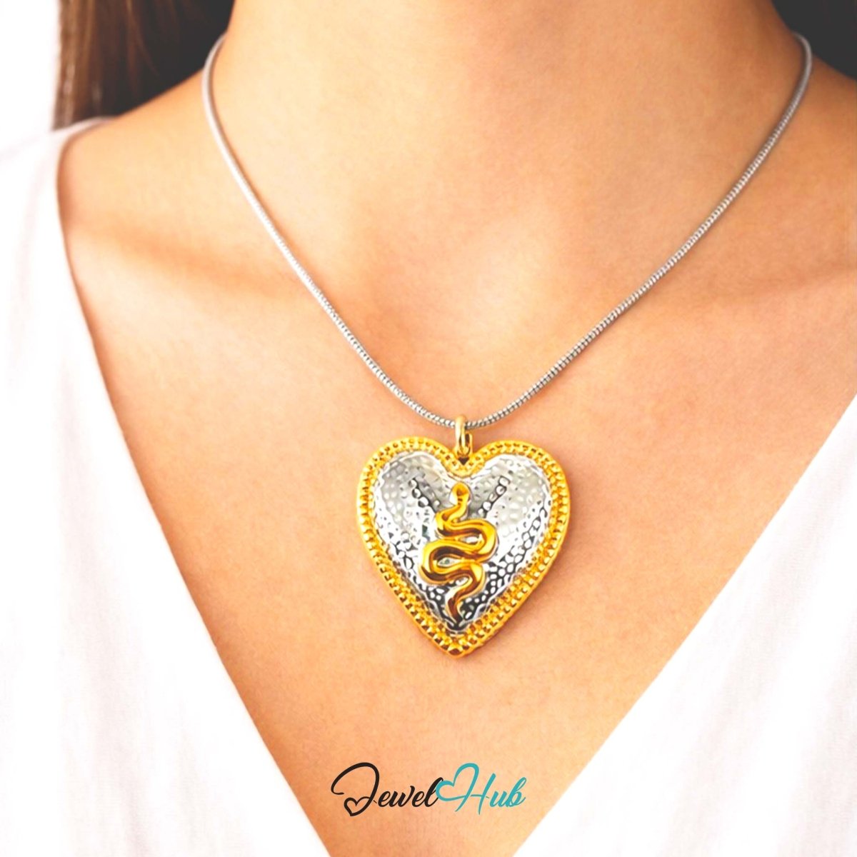 DuoTone Snake Heart Pendant Gold Motif Hammered Silver Charm - JewelHub.co.uk
