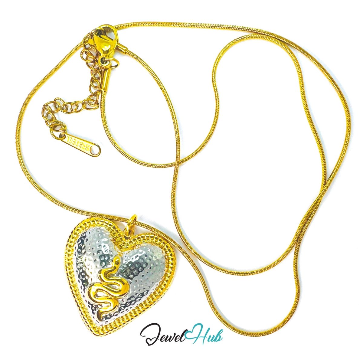 DuoTone Snake Heart Pendant Gold Motif Hammered Silver Charm - JewelHub.co.uk