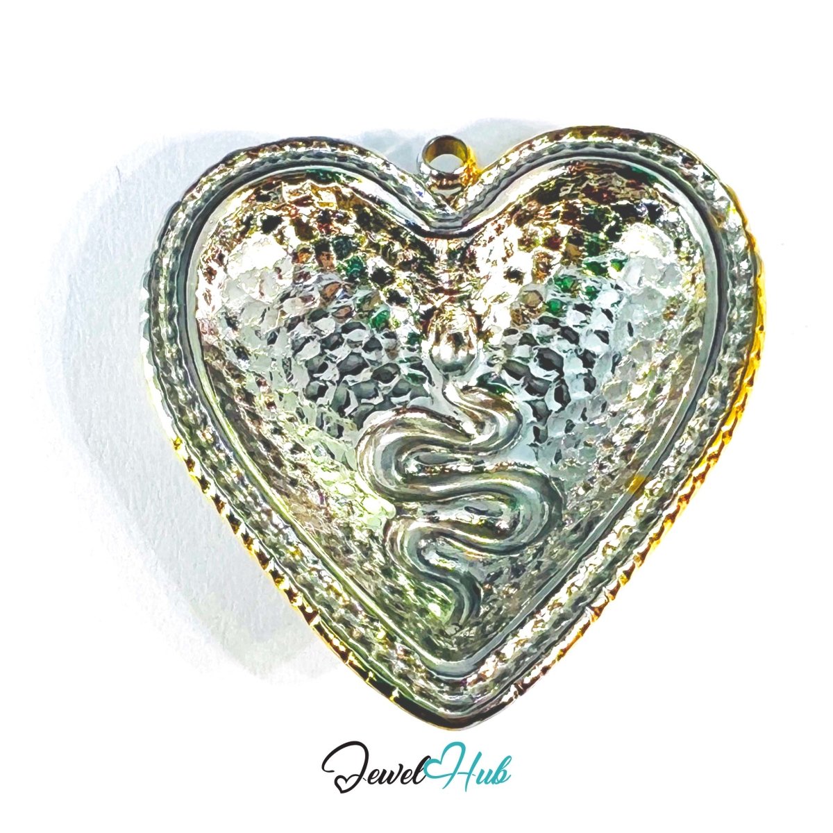 DuoTone Snake Heart Pendant Gold Motif Hammered Silver Charm - JewelHub.co.uk