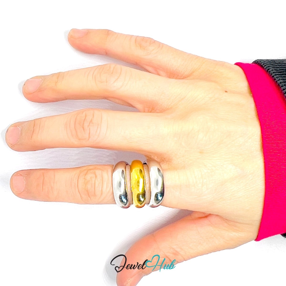 Duotone Stack Ring · Stainless Steel · Adjustable NOP · Gold & Silver Dome - JewelHub.co.uk