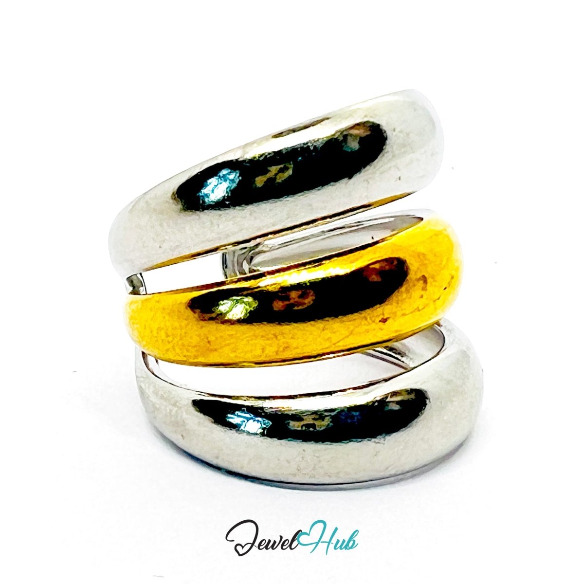 Duotone Stack Ring · Stainless Steel · Adjustable NOP · Gold & Silver Dome - JewelHub.co.uk