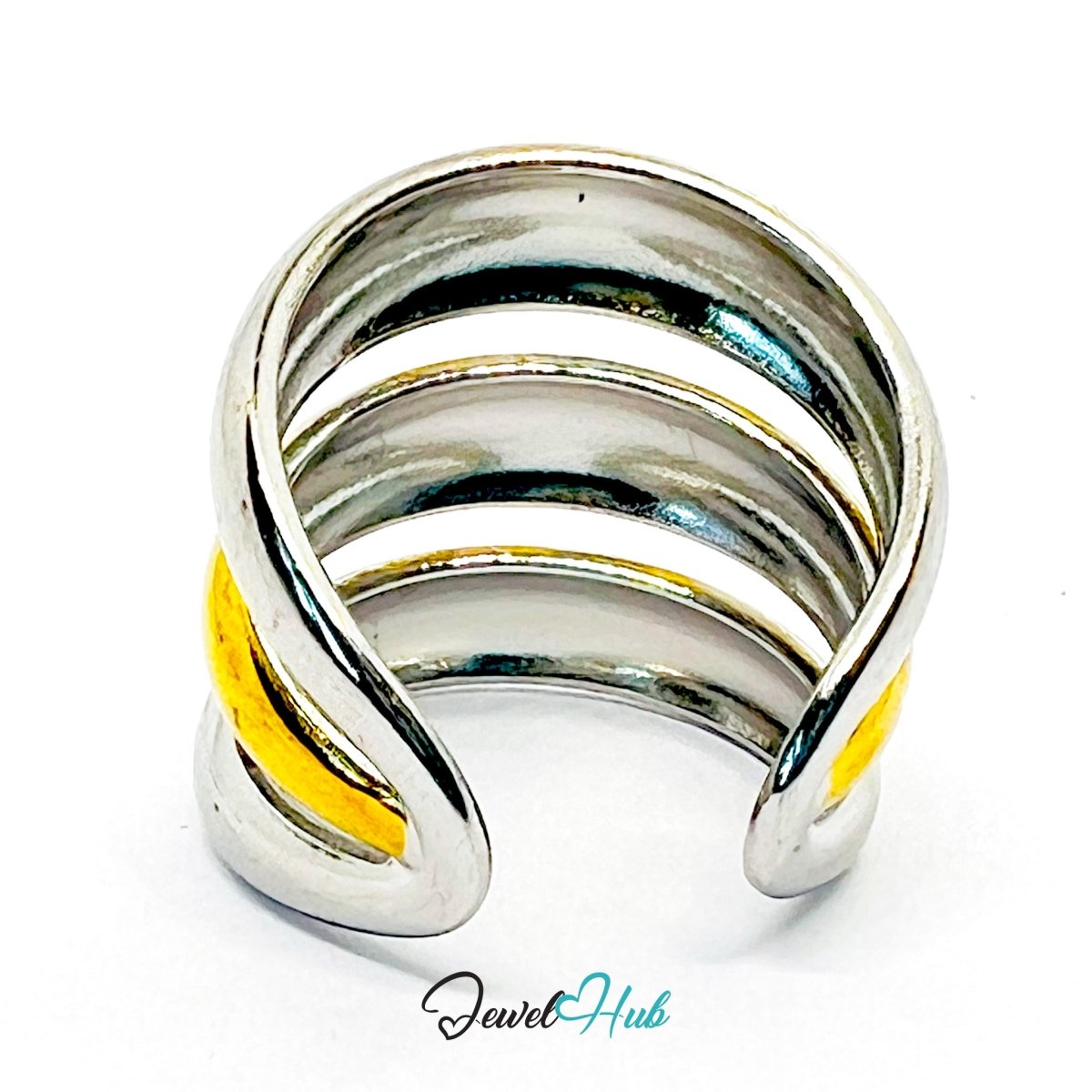 Duotone Stack Ring · Stainless Steel · Adjustable NOP · Gold & Silver Dome - JewelHub.co.uk