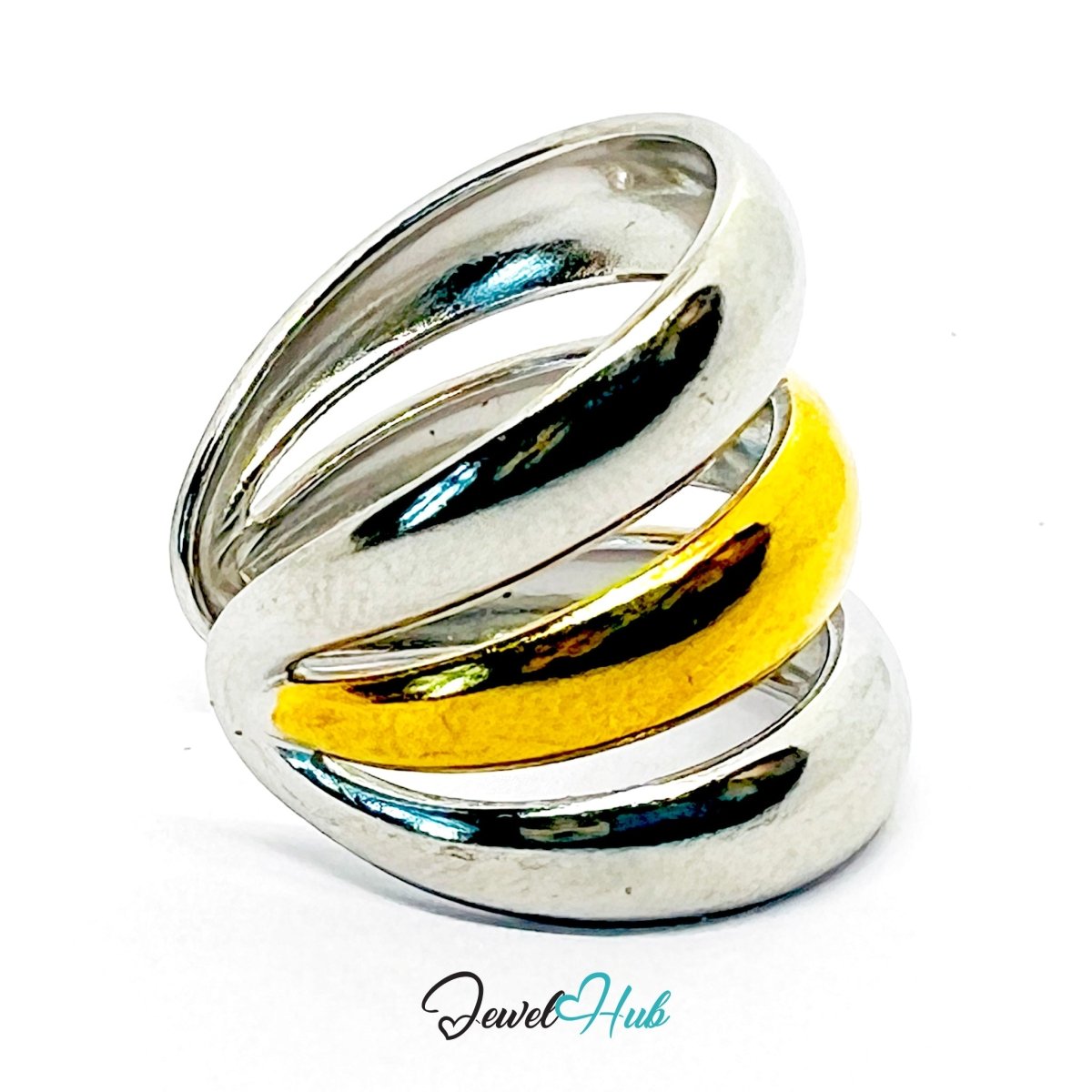 Duotone Stack Ring · Stainless Steel · Adjustable NOP · Gold & Silver Dome - JewelHub.co.uk