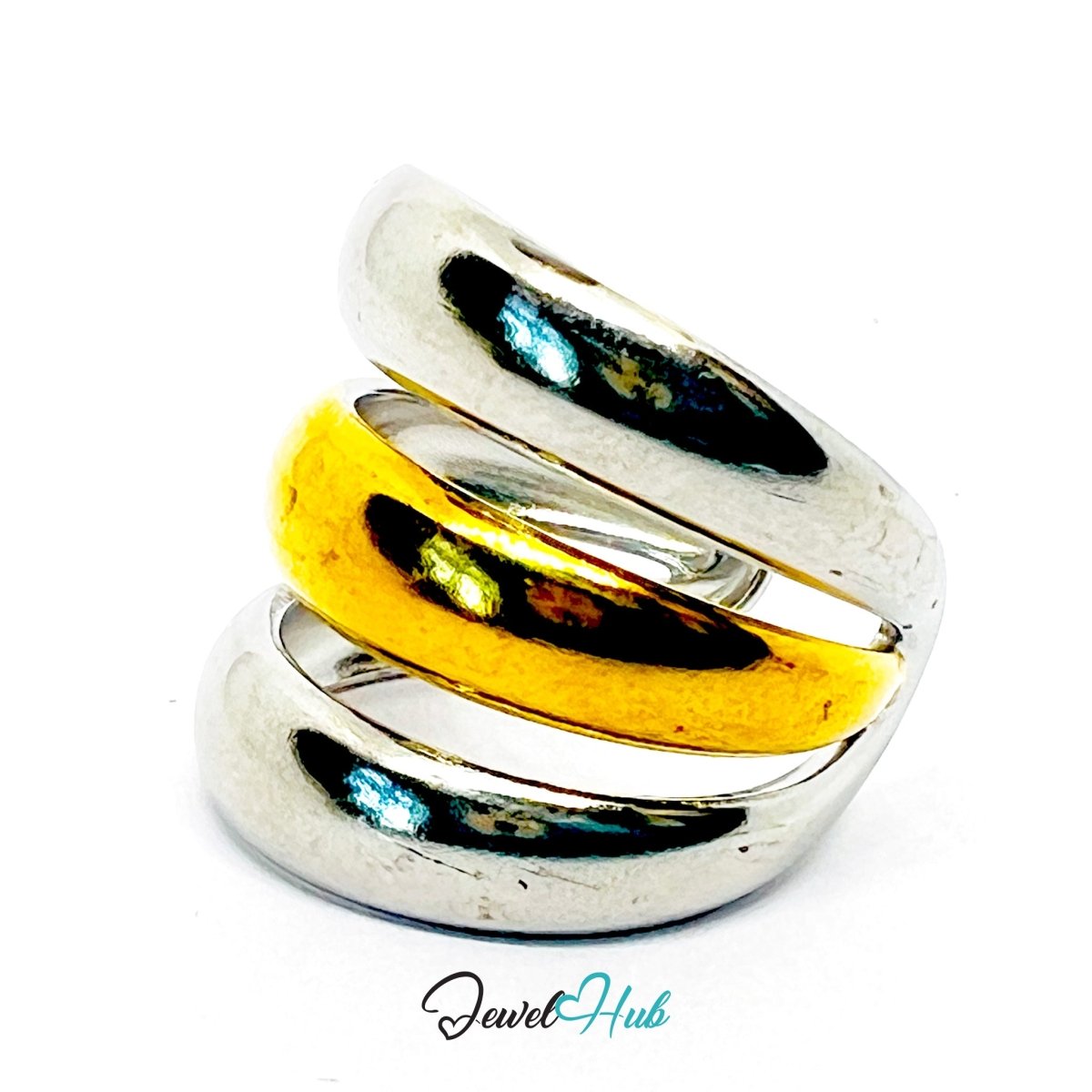 Duotone Stack Ring · Stainless Steel · Adjustable NOP · Gold & Silver Dome - JewelHub.co.uk