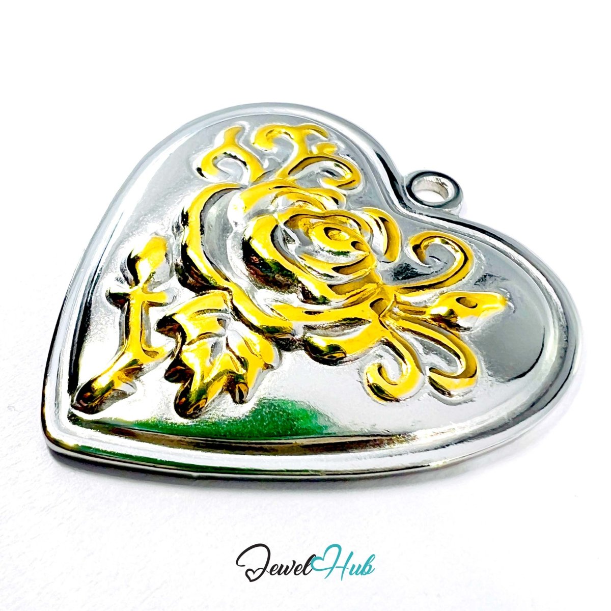 DuoTone Stainless Steel Rose Heart Pendant Floral Design - JewelHub.co.uk