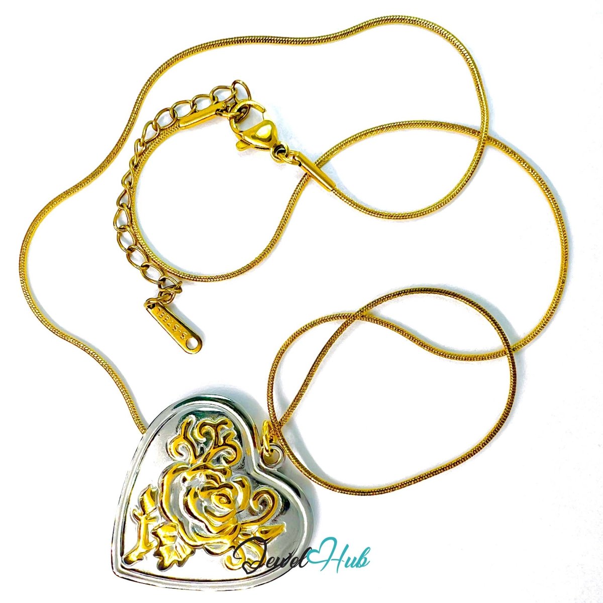 DuoTone Stainless Steel Rose Heart Pendant Floral Design - JewelHub.co.uk