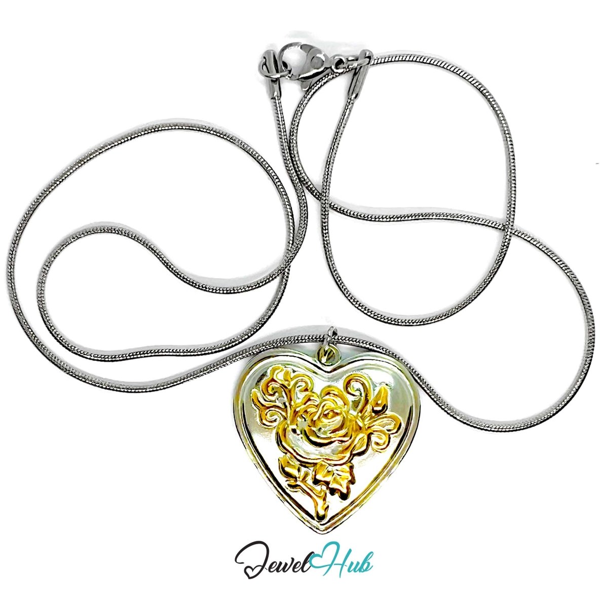 DuoTone Stainless Steel Rose Heart Pendant Floral Design - JewelHub.co.uk