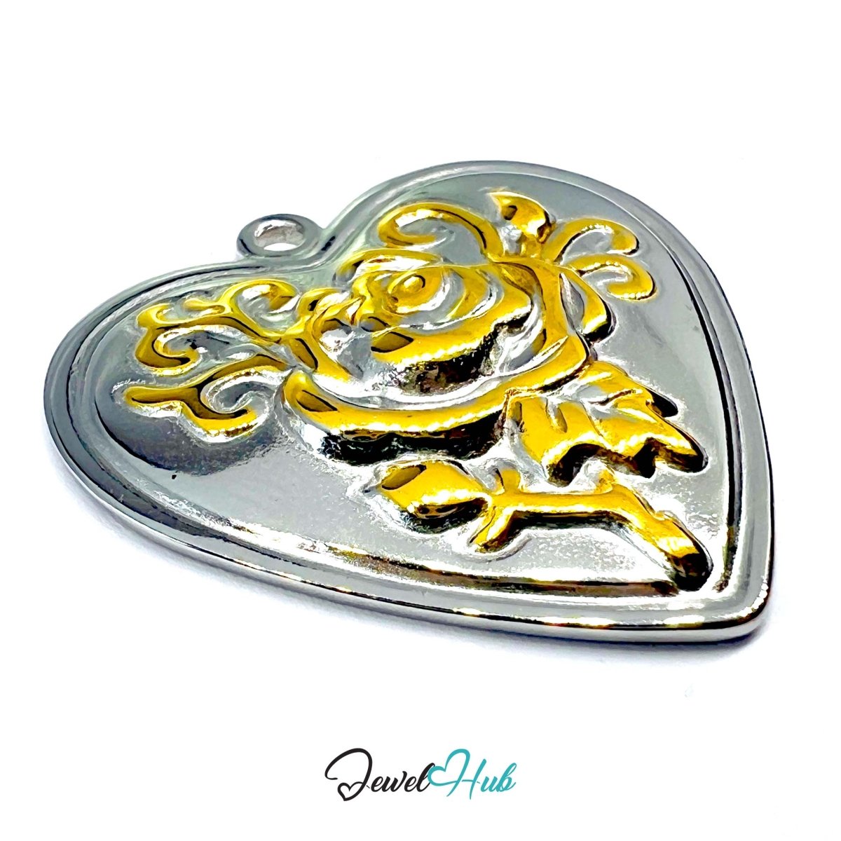 DuoTone Stainless Steel Rose Heart Pendant Floral Design - JewelHub.co.uk