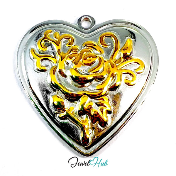 DuoTone Stainless Steel Rose Heart Pendant Floral Design - JewelHub.co.uk
