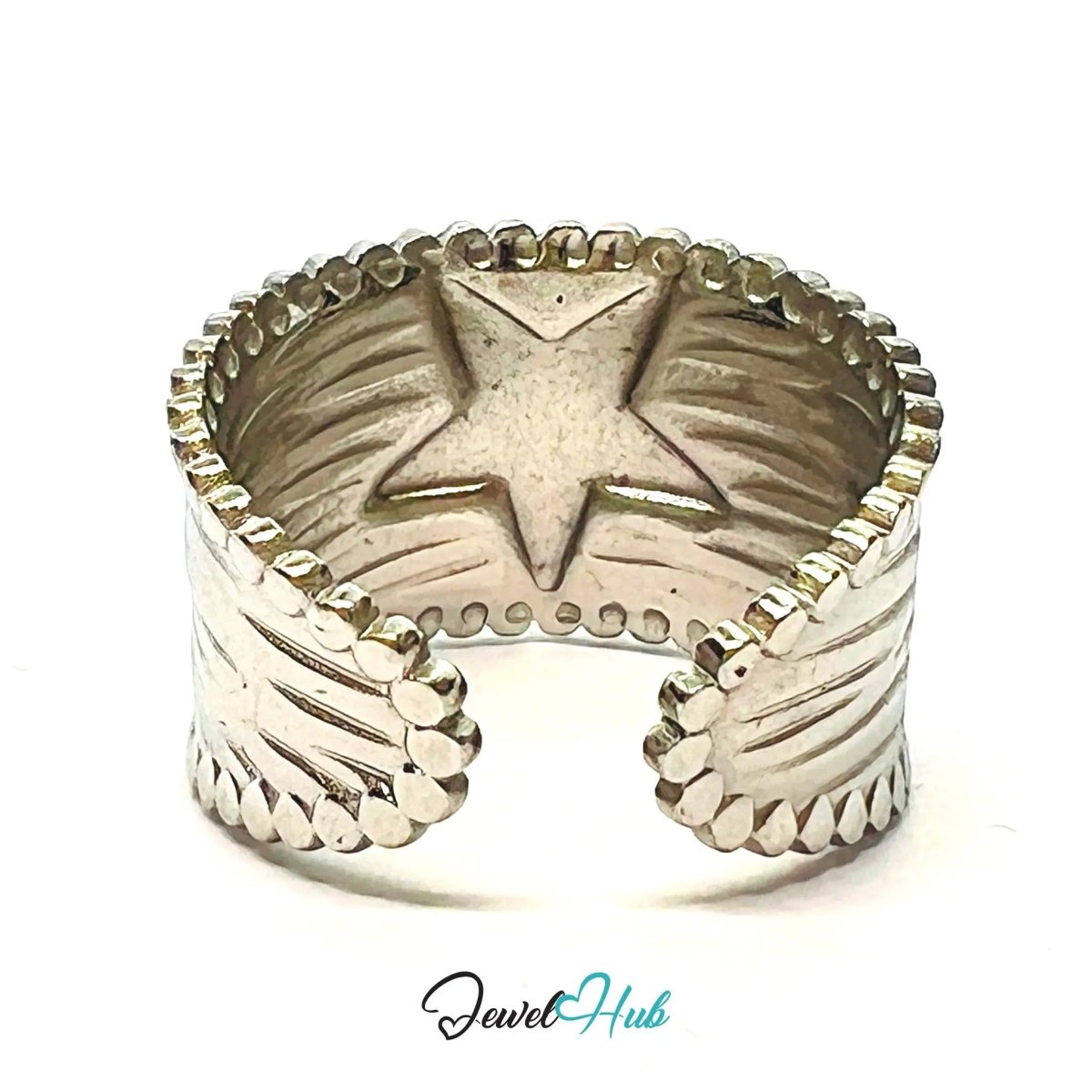 DuoTone StarCrest Stainless Steel Ring · Adjustable OPQ · Sculptural Star - JewelHub.co.uk