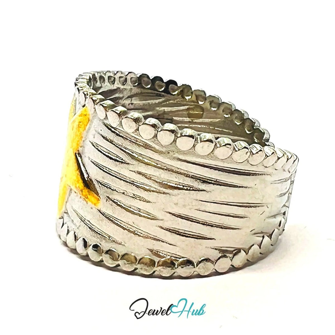 DuoTone StarCrest Stainless Steel Ring · Adjustable OPQ · Sculptural Star - JewelHub.co.uk