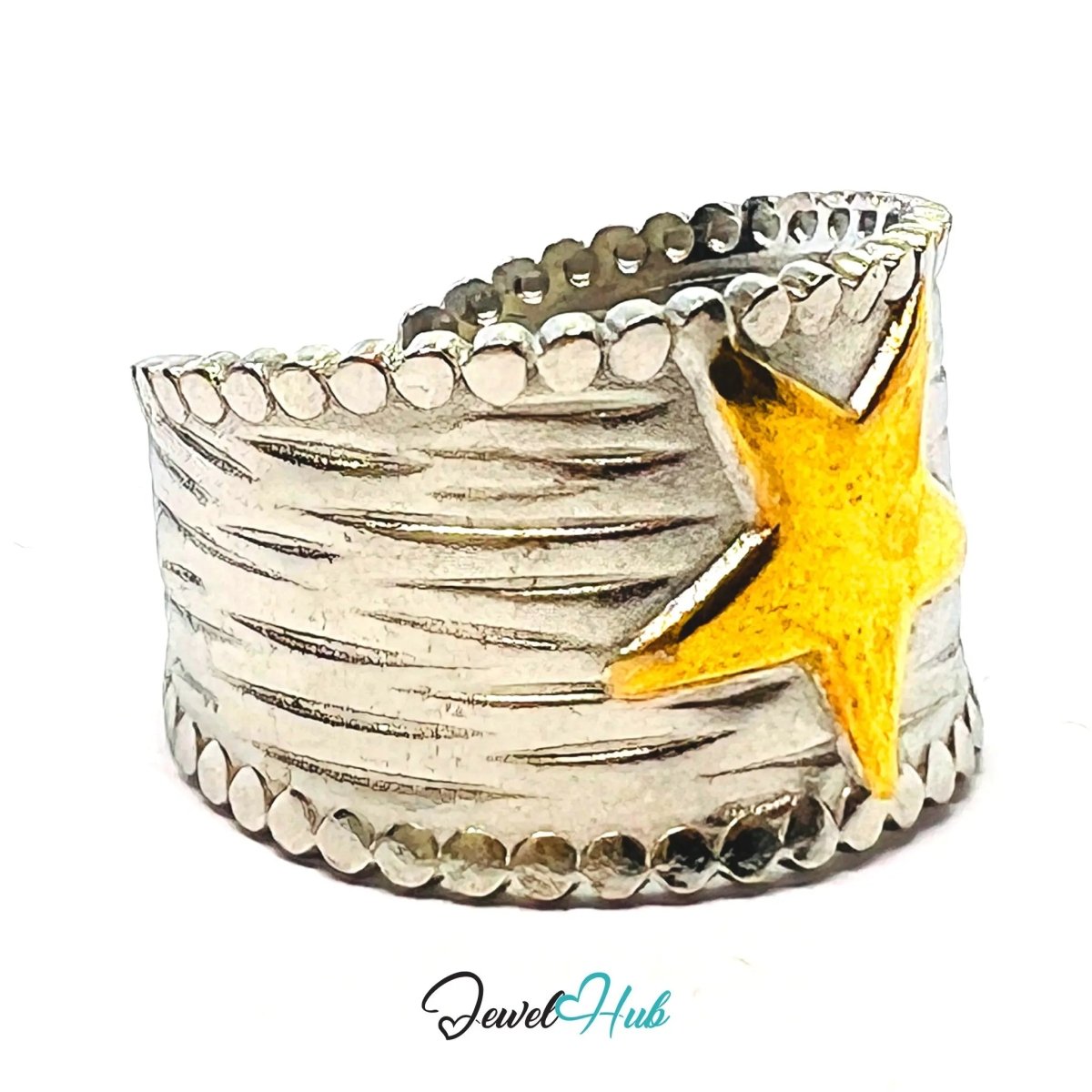 DuoTone StarCrest Stainless Steel Ring · Adjustable OPQ · Sculptural Star - JewelHub.co.uk