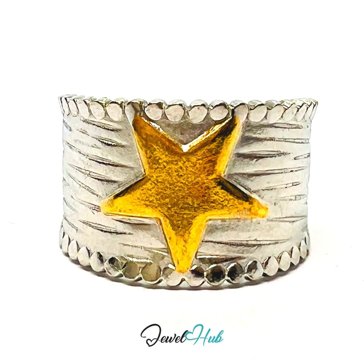 DuoTone StarCrest Stainless Steel Ring · Adjustable OPQ · Sculptural Star - JewelHub.co.uk